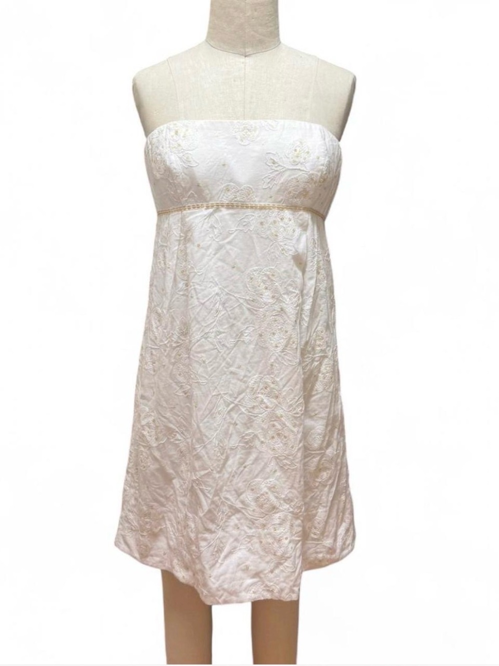 BCBGMaxAzria Strapless White Cotton embroidered Dress sequin details size 8